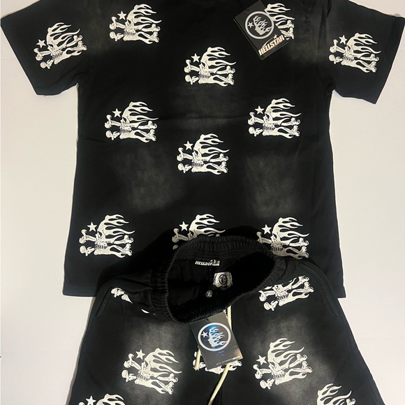 Hellstar Black and White Graphic T-Shirt and Shorts Set